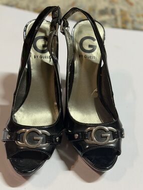 Guess Black Patent Slingback Heels with Silver G Accent